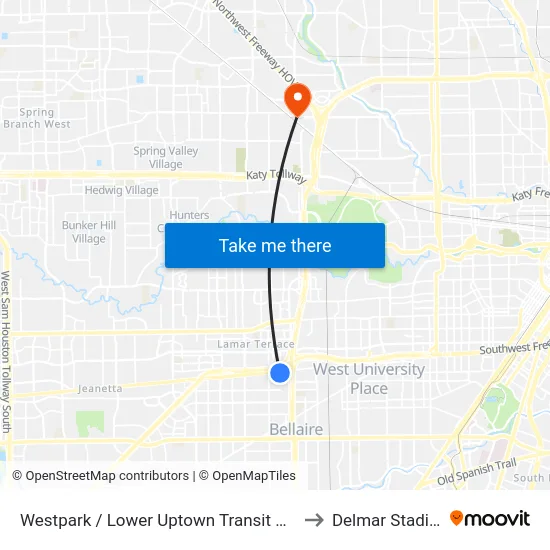 Westpark / Lower Uptown Transit Center to Delmar Stadium map