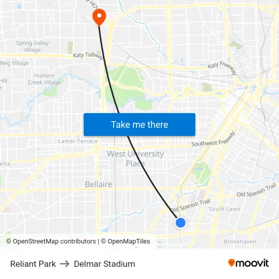 Reliant Park to Delmar Stadium map