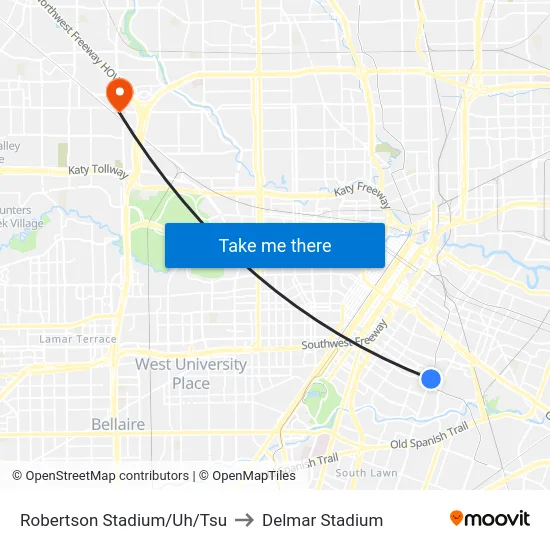 Robertson Stadium/Uh/Tsu to Delmar Stadium map