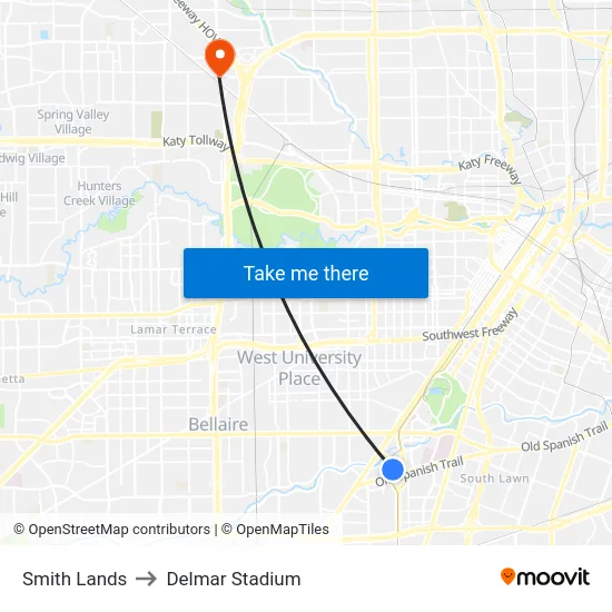 Smith Lands to Delmar Stadium map