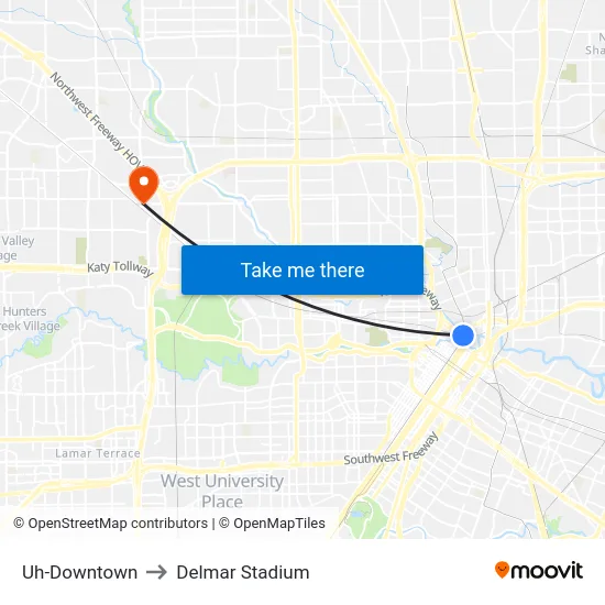Uh-Downtown to Delmar Stadium map