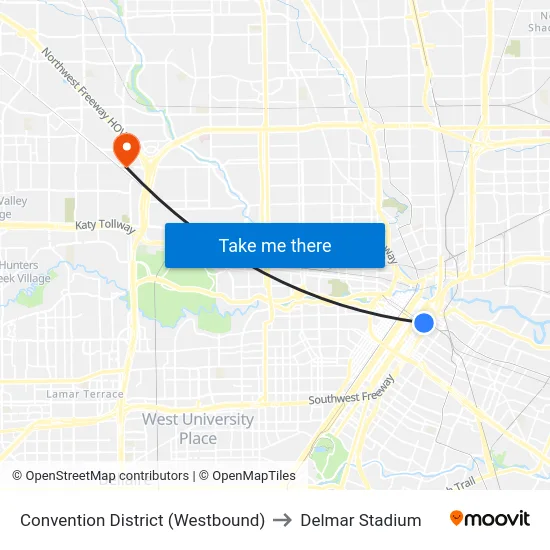 Convention District (Westbound) to Delmar Stadium map