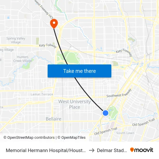 Memorial Hermann Hospital/Houston Zoo to Delmar Stadium map