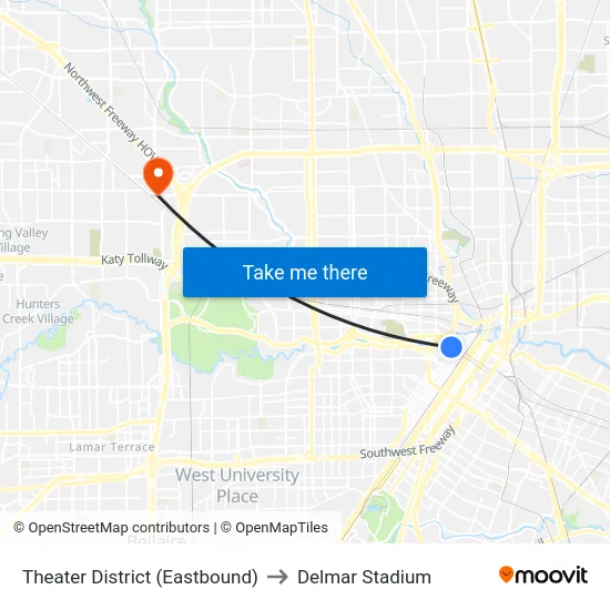 Theater District (Eastbound) to Delmar Stadium map