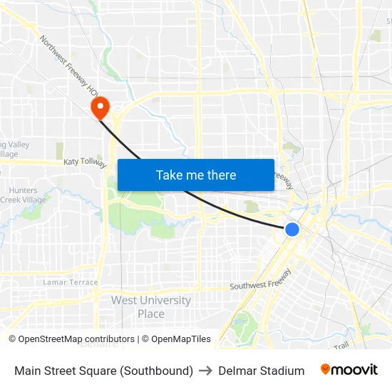 Main Street Square (Southbound) to Delmar Stadium map