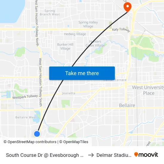 South Course Dr @ Evesborough MB to Delmar Stadium map