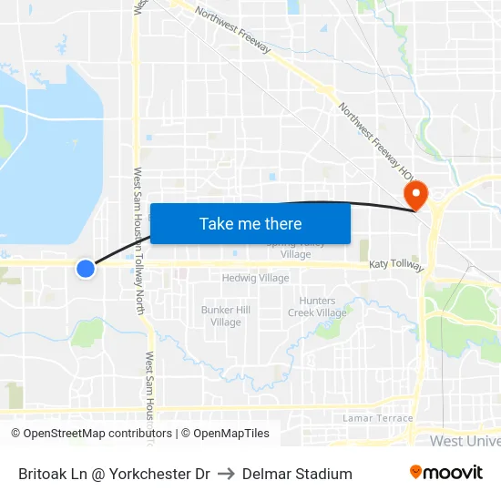 Britoak Ln @ Yorkchester Dr to Delmar Stadium map