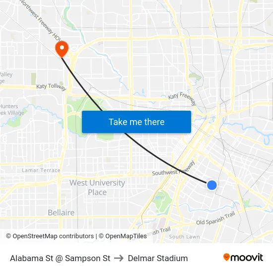 Alabama St @ Sampson St to Delmar Stadium map