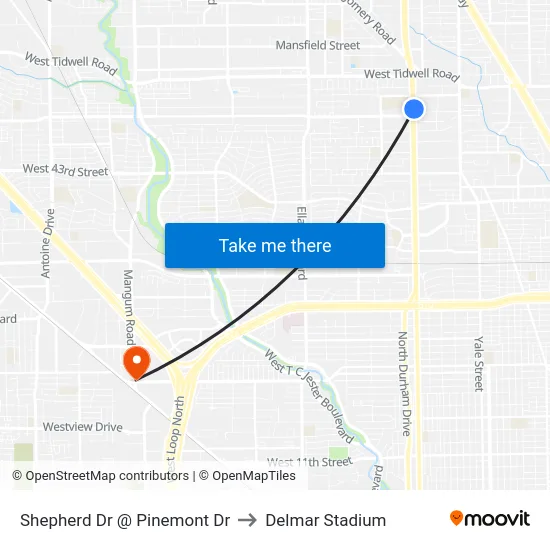 Shepherd Dr @ Pinemont Dr to Delmar Stadium map