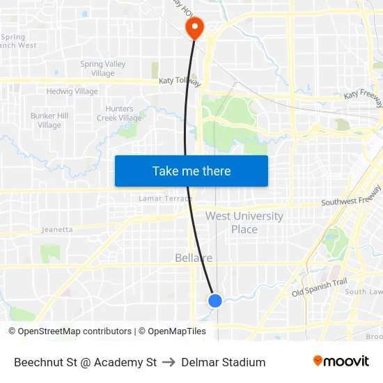 Beechnut St @ Academy St to Delmar Stadium map