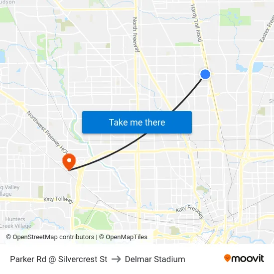 Parker Rd @ Silvercrest St to Delmar Stadium map