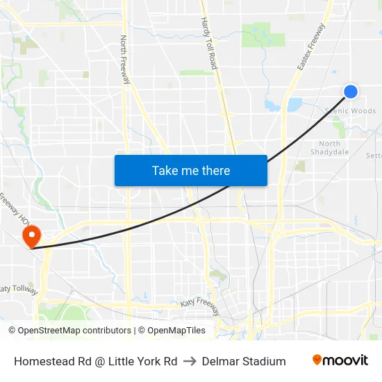 Homestead Rd @ Little York Rd to Delmar Stadium map
