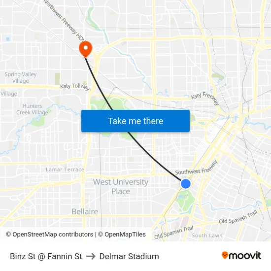 Binz St @ Fannin St to Delmar Stadium map
