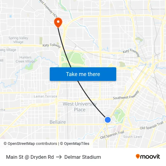 Main St @ Dryden Rd to Delmar Stadium map