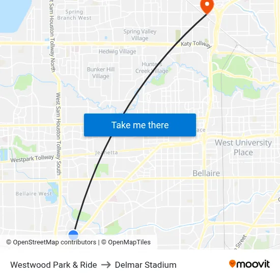 Westwood Park & Ride to Delmar Stadium map
