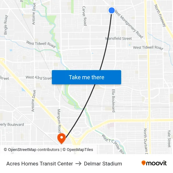 Acres Homes Transit Center to Delmar Stadium map