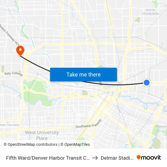Fifth Ward/Denver Harbor Transit Center to Delmar Stadium map