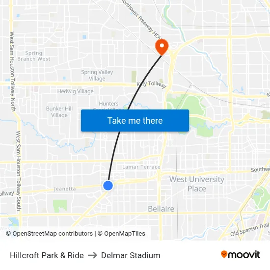 Hillcroft Park & Ride to Delmar Stadium map