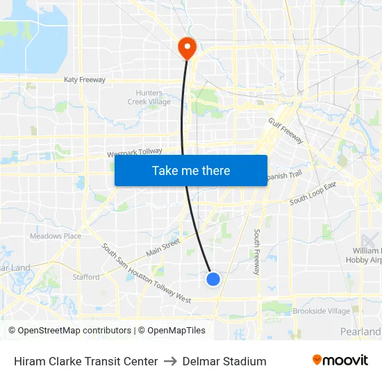 Hiram Clarke Transit Center to Delmar Stadium map