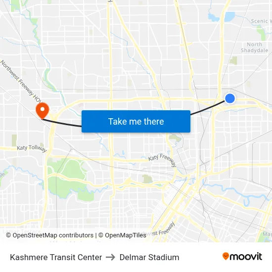 Kashmere Transit Center to Delmar Stadium map