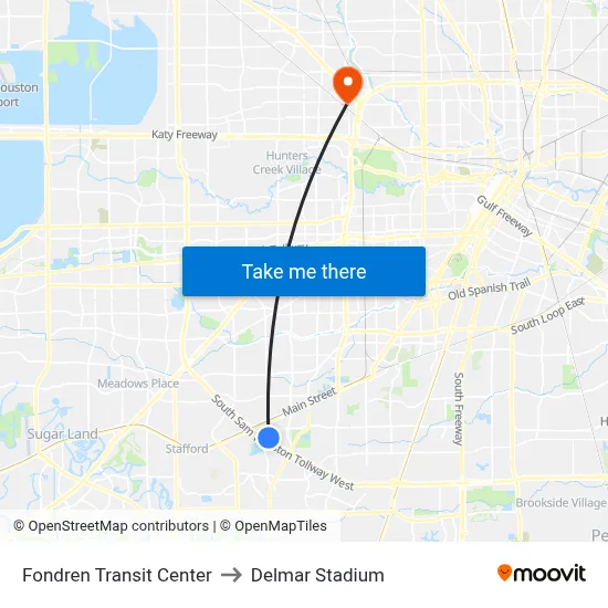 Fondren Transit Center to Delmar Stadium map
