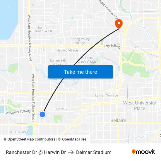 Ranchester Dr @ Harwin Dr to Delmar Stadium map