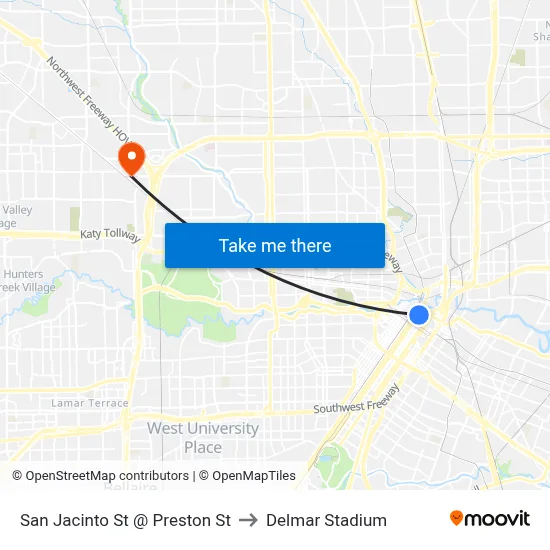 San Jacinto St @ Preston St to Delmar Stadium map