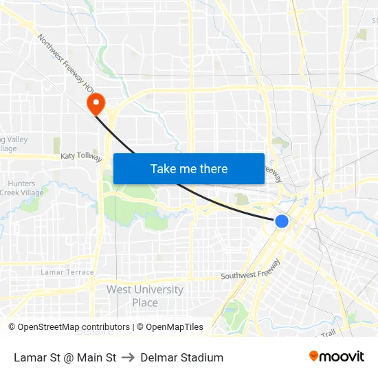 Lamar St @ Main St to Delmar Stadium map