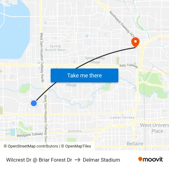 Wilcrest Dr @ Briar Forest Dr to Delmar Stadium map