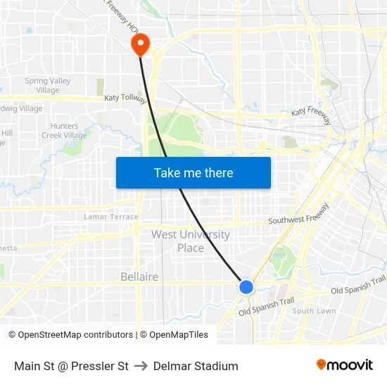Main St @ Pressler St to Delmar Stadium map
