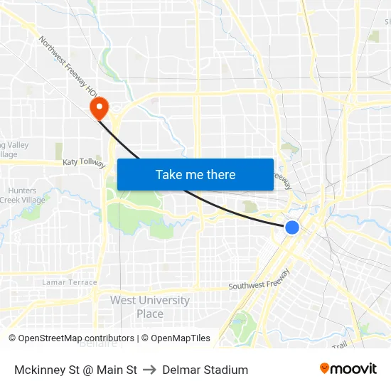 Mckinney St @ Main St to Delmar Stadium map