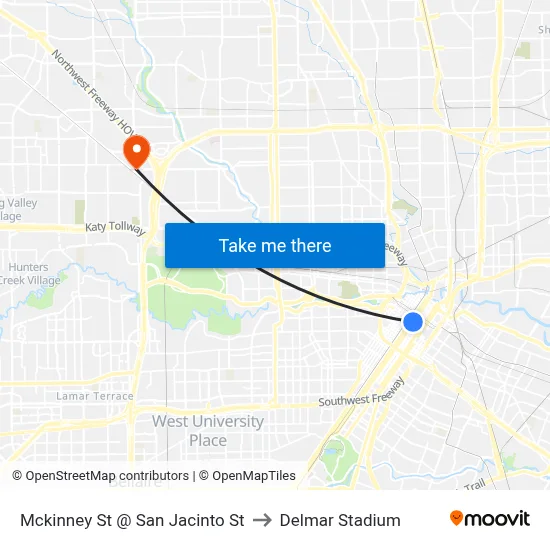 Mckinney St @ San Jacinto St to Delmar Stadium map
