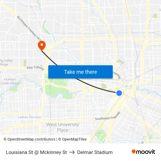 Louisiana St @ Mckinney St to Delmar Stadium map