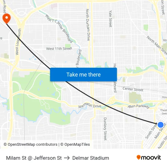 Milam St @ Jefferson St to Delmar Stadium map
