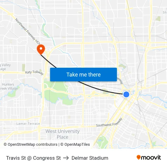 Travis St @ Congress St to Delmar Stadium map