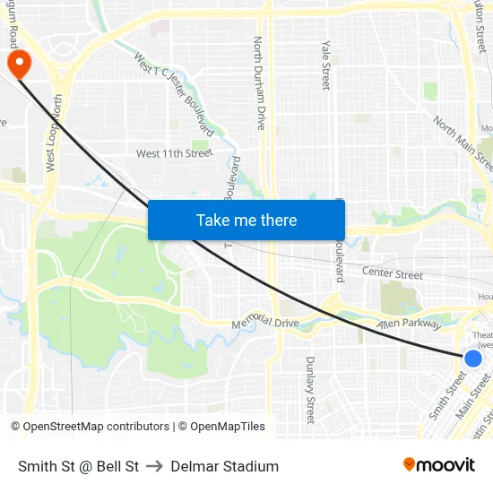 Smith St @ Bell St to Delmar Stadium map