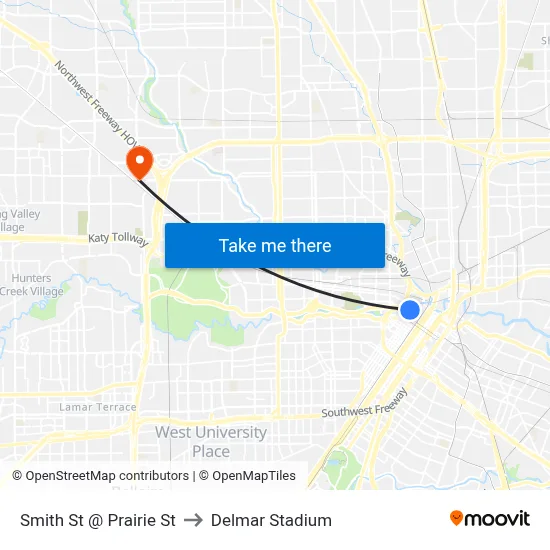 Smith St @ Prairie St to Delmar Stadium map