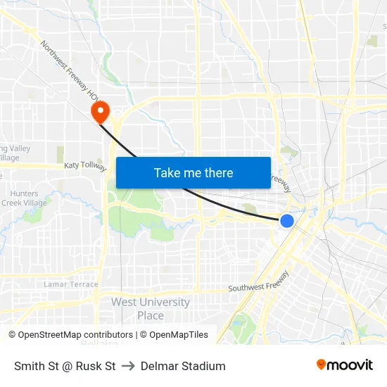 Smith St @ Rusk St to Delmar Stadium map