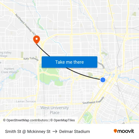 Smith St @ Mckinney St to Delmar Stadium map