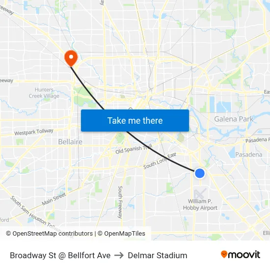 Broadway St @ Bellfort Ave to Delmar Stadium map