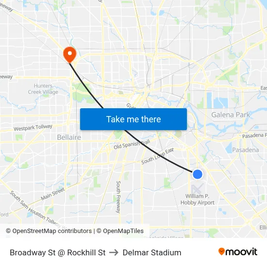 Broadway St @ Rockhill St to Delmar Stadium map