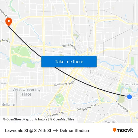Lawndale St @ S 76th St to Delmar Stadium map