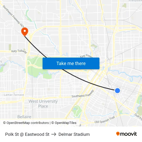 Polk St @ Eastwood St to Delmar Stadium map