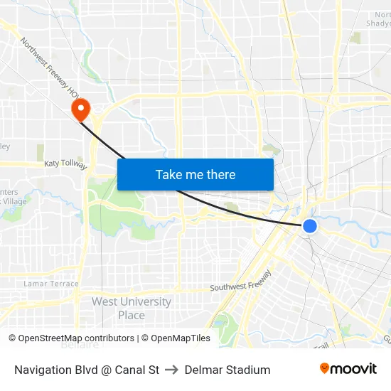 Navigation Blvd @ Canal St to Delmar Stadium map
