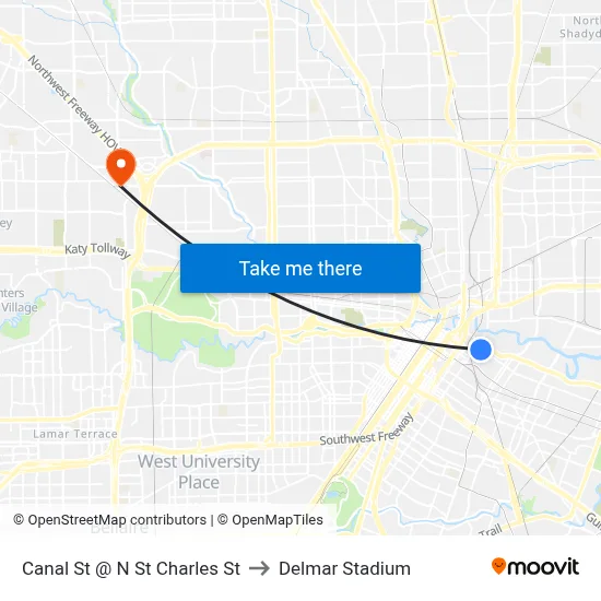 Canal St @ N St Charles St to Delmar Stadium map
