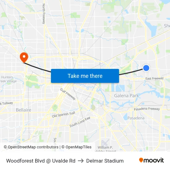 Woodforest Blvd @ Uvalde Rd to Delmar Stadium map