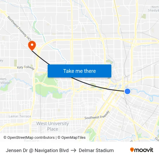 Jensen Dr @ Navigation Blvd to Delmar Stadium map