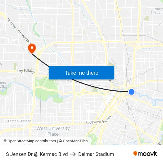 S Jensen Dr @ Kermac Blvd to Delmar Stadium map