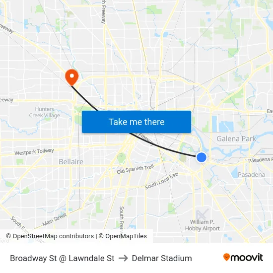 Broadway St @ Lawndale St to Delmar Stadium map