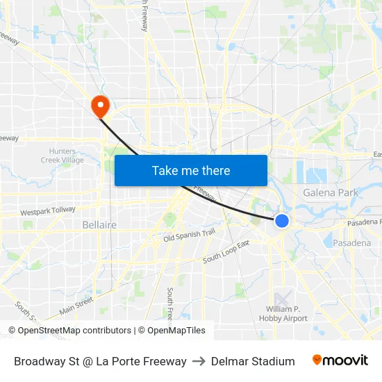 Broadway St @ La Porte Freeway to Delmar Stadium map